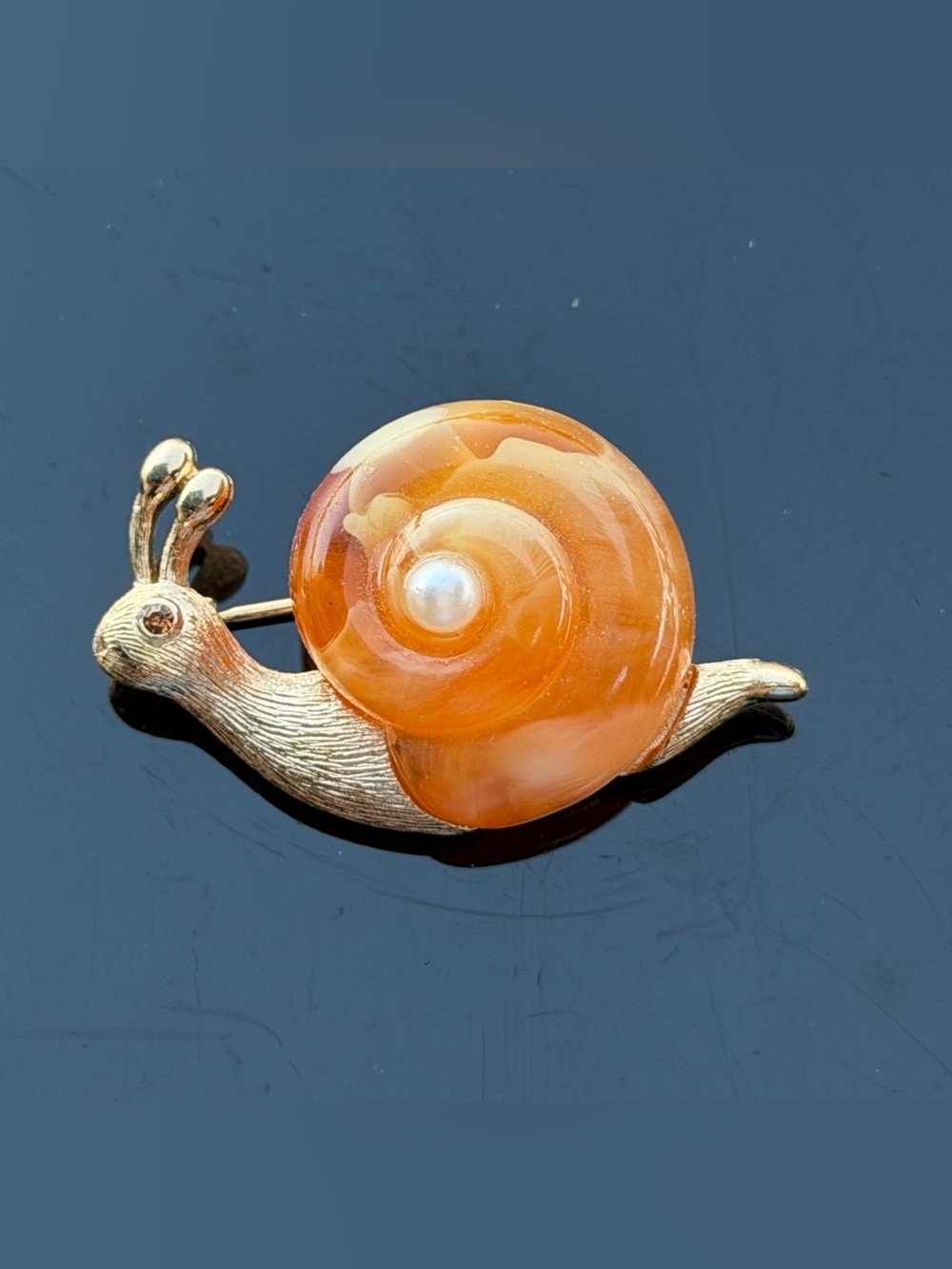 Fuller Vintage Snail Brooch Pin Gold Butterscotch Lucite Pearl Eye
